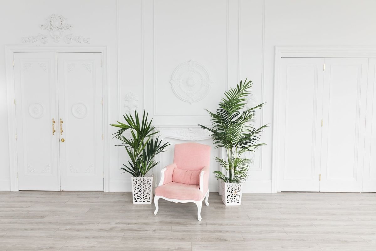 A blush-pink armchair between two palms in a bright white room